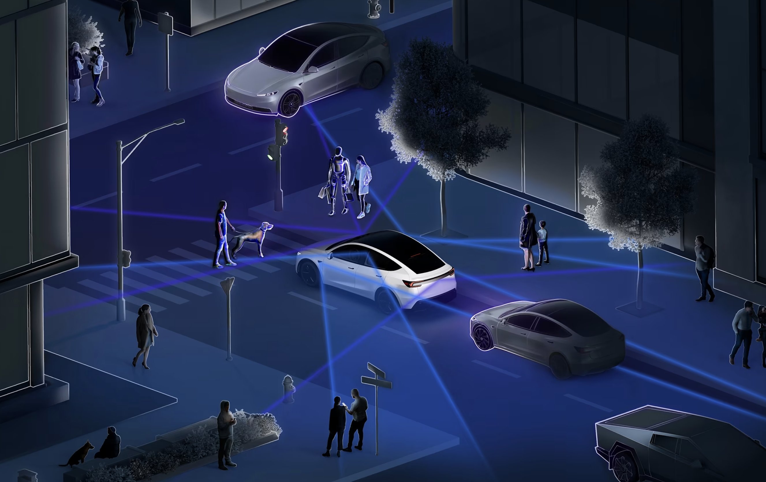 Tesla graphic depicting vehicles and pedestrians with FSD sensor perception overlay in an urban street scene