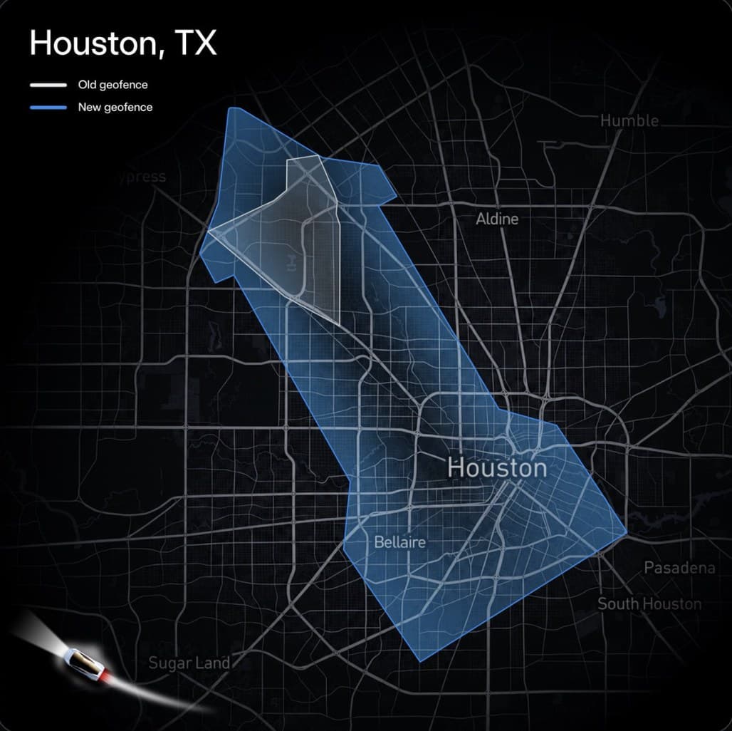 Map of Tesla Robotaxi's expanded Houston service area, stretching from northwest Houston through downtown to Bellaire, compared with the smaller original geofence