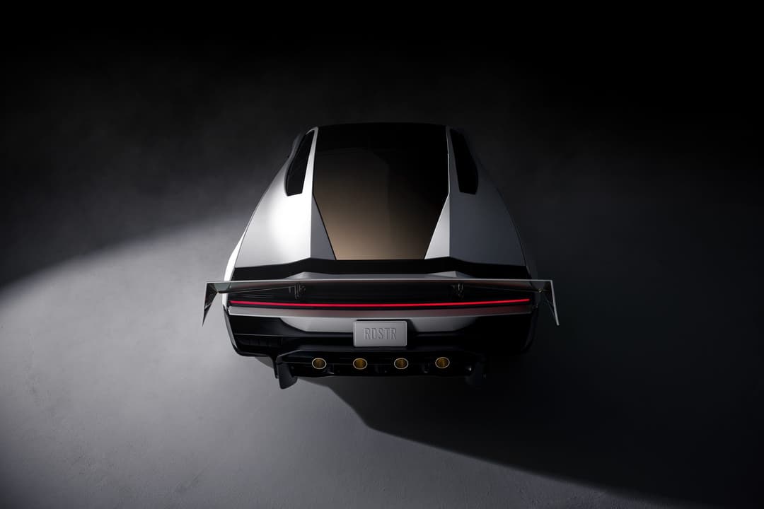 Overhead rear view of the Tesla Roadster showing its rear wing and full-width taillight