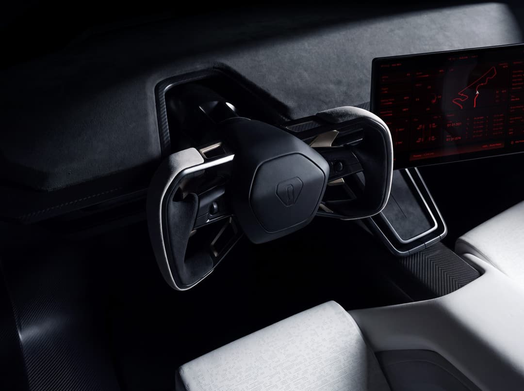Detail of the Tesla Roadster's steer-by-wire steering wheel