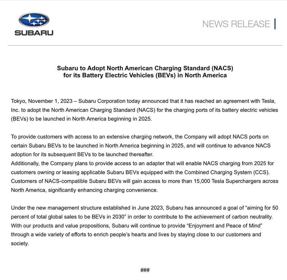 Subaru to Adopt Tesla
