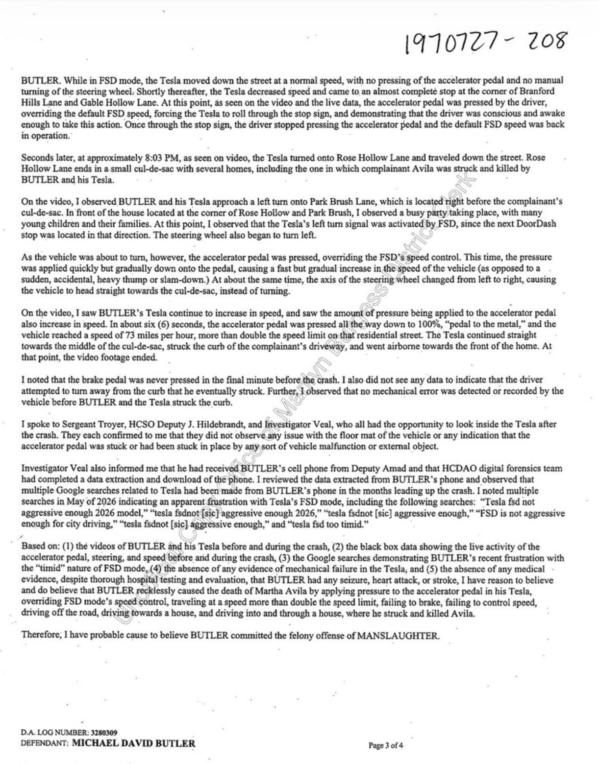 Harris County probable cause affidavit charging Michael Butler with manslaughter